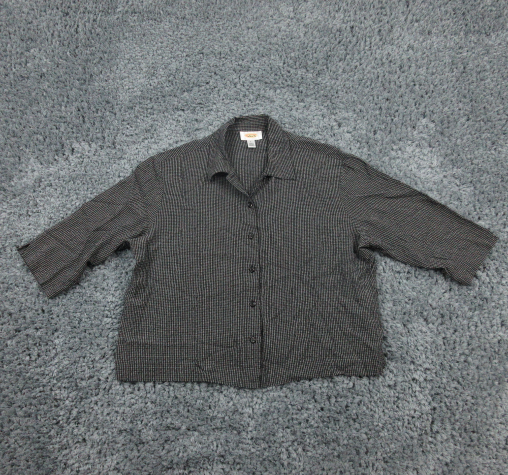 Talbots Shirt Womens Large Black Geometric Plaid 3/4 Sleeve Button Up